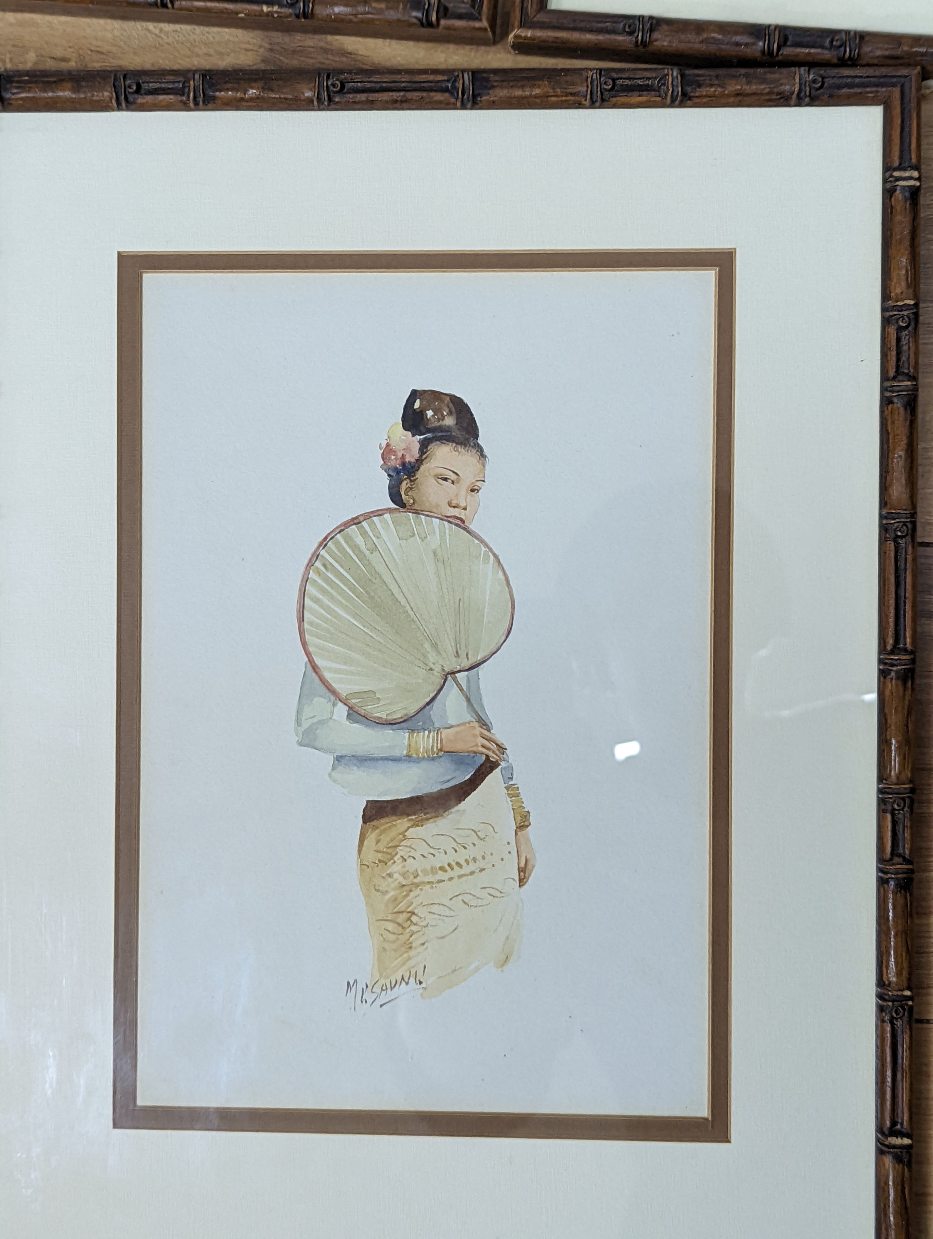Maung Soya Saung, three watercolours, Portraits of Burmese figures, signed, 28 x 19cm